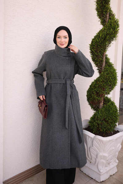 İmajButik معطف من الكشمير بياقة عالية مبطنة وحزام خصر من الأنتراكسيت