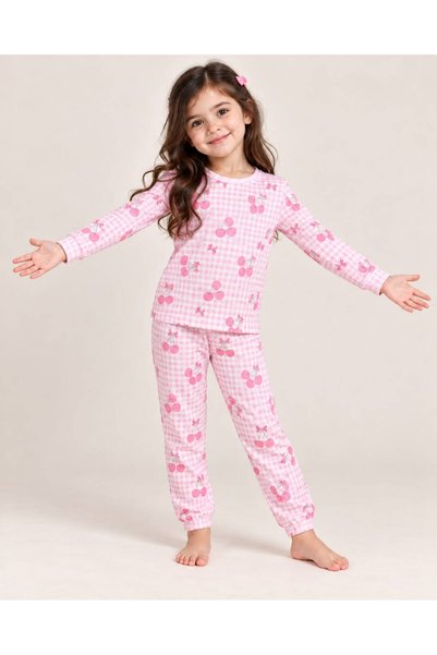 TUGSE Girl's Cherry Patterned Pink Color Long Sleeve Cotton Bottom Top Pajama...