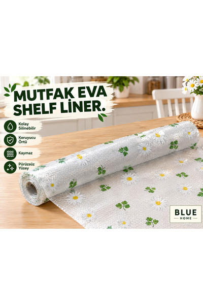 Blue Home Sarı Papatya Gonca Yaprak Tasarımlı Kaymaz Raf Astarı Rulosu -Mutfa...