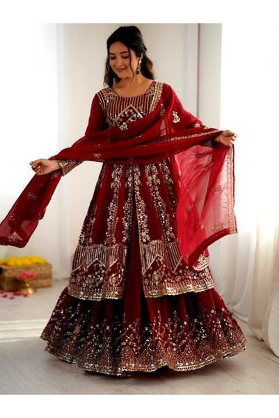MYSMAR Maroon Crunchy Silk Heavy Embroidered Festive Outfit - HRT101369 | Mar...