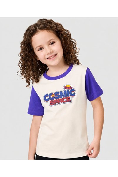 Pine kids تي شيرت 'Cosmic Space' بأكمام راجلان نصفية بألوان متباينة - كريمي و...