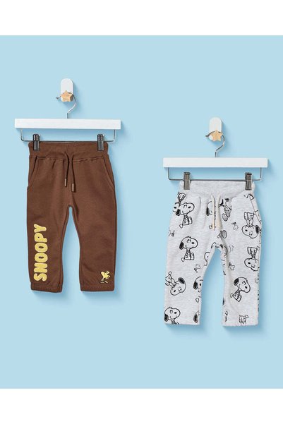 REDTAG Infant Boys Brown and Grey Snoopy Joggers, (Pack Of 2)