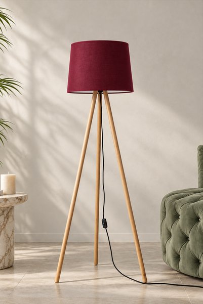Marrien Woody 3 Ayaklı Ahşap Tripod Bordo Kumaş Lambader Salon & Oturma Odası...