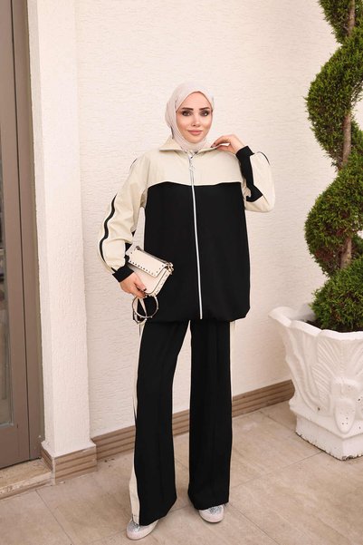 İmajButik طقم بنطلون وتونيك أسود مزين بسحاب