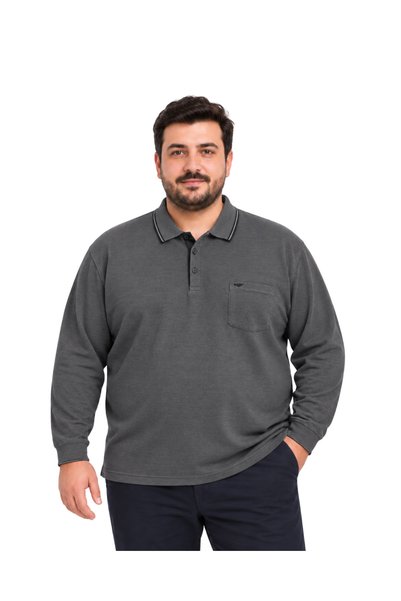 BattalModa تي شيرت ميلانج أسود بياقة بولو وأكمام طويلة من قماش البيكيه M-L-XL...