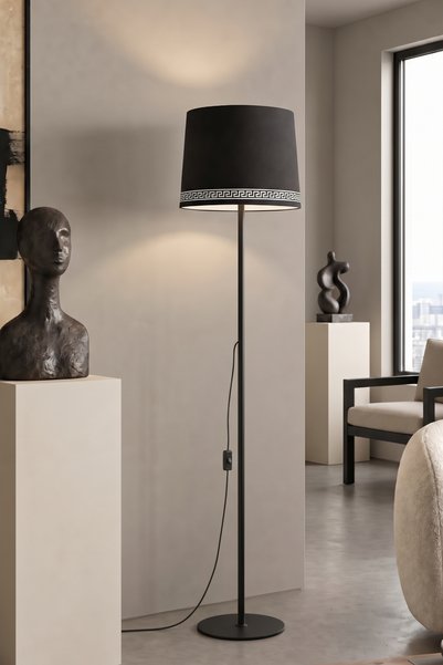 Marrien Cora Siyah Tek Ayaklı Metal Siyah Kumaş Luxury Lambader Salon & Oturm...