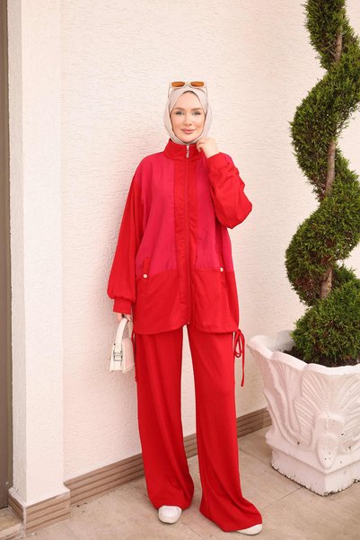 İmajButik Red Tunic with Stand Collar and Trousers Set