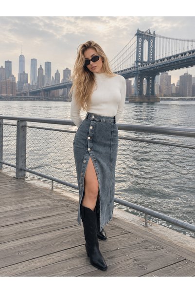 Swet Shop Jeans Women's Buttoned Front Maxi Length Lycra Denim Skirt
