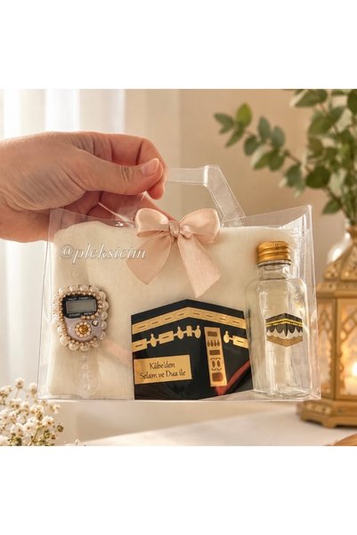 Rüya Çantalı umre hac seti (10 adet) tülbent, taşlı Zikirmatik, Kabe magnet ve cam şişe 50 cc