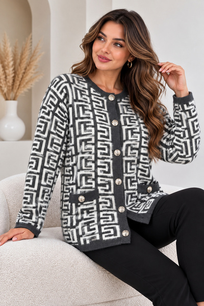 EMR Online Women's Soft Textured Knitwear Cardigan with Geometric Pattern and Gold Buttons