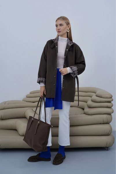 roea Plaid Detailed Belted Lined Trench Coat Brown