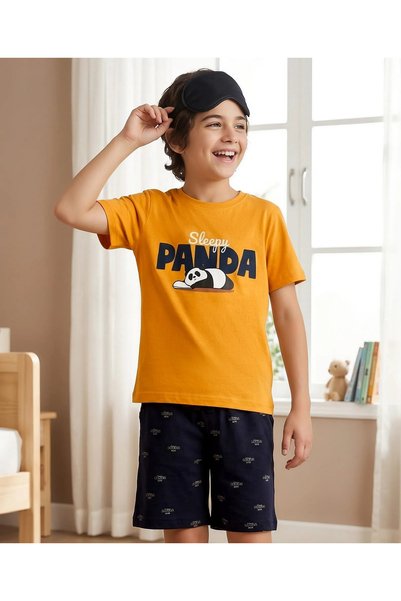 Pine kids طقم بيجامة قطنية محبوكة بأكمام قصيرة وطباعة الباندا - برتقالي وأسود