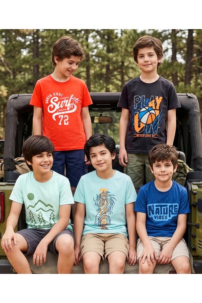 Pine kids تي شيرت قطني محبوك بأكمام نصفية مع رسومات مستوحاة من الطبيعة وكرة ا...