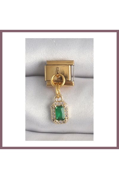Generic Brand 316L Steel Gold Color Dangle Square Green Zircon Stone Nominati...