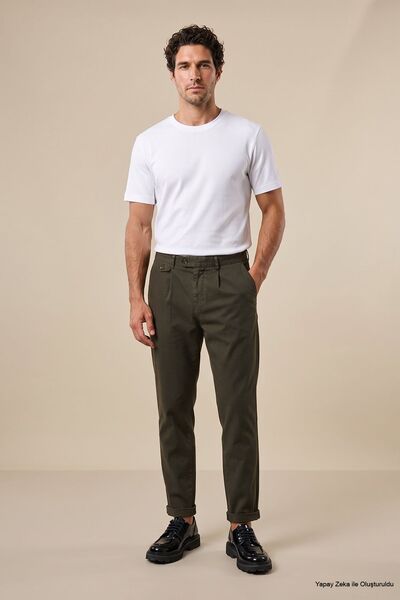 BROOKS BROTHERS Erkek Haki Uzun Dilli Duble Paça Pileli Chino Pantolon