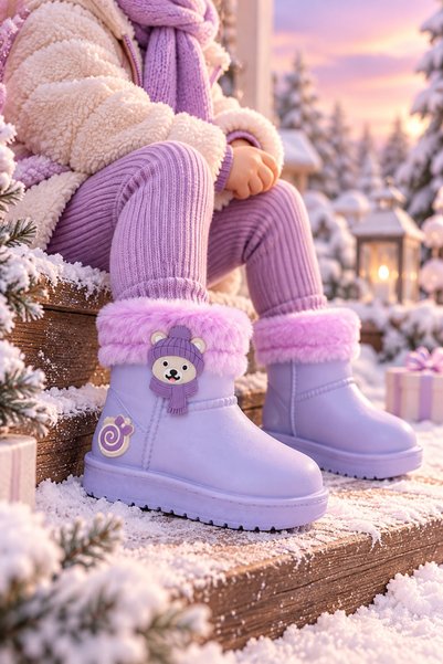 Tonny Black Çocuk Unisex Lila Kürk Detaylı Su Geçirmez Yağmur Bot