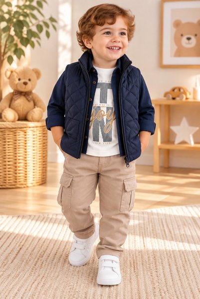ışık kids Boys' Quilted Vest, Shirt, Printed T-Shirt and Cargo Pants 4-Piece Set