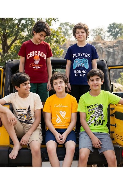 Pine kids قمصان قطنية مطبوعة بشعارات ورسومات بأكمام نصفية (عبوة من 5 قطع) - م...