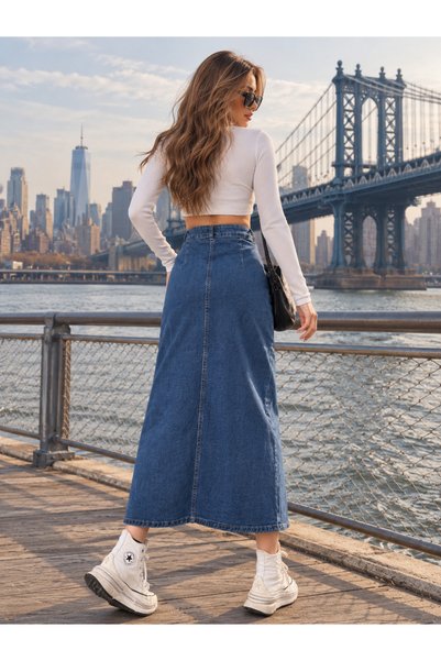 Swet Shop Jeans Women's Buttoned Front Maxi Length Lycra Denim Skirt