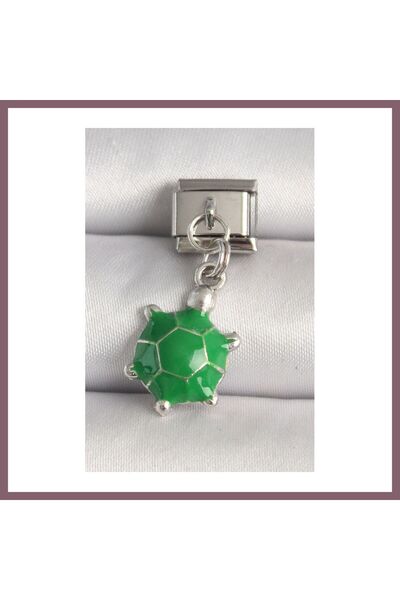 Generic Brand 316L Steel Silver Color Green Turtle Model Nomination Charm Bzss