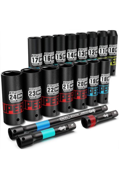 Generic 18 Pieces Impact Socket Set, 1/2" Drive Deep Impact Socket Set, 10-24...