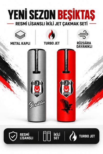 Beşiktaş Lisanslı 2'li Metal Kapaklı Jet Çakmak Seti Rüzgar Geçirmez Doldurul...