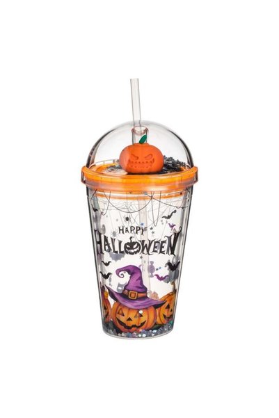 ANTBRO Pahar din Plastic Transparent cu Pai și Dovleac 3D Happy Halloween 450...