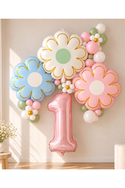 ALYA Set de baloane pentru ziua de naștere cu tema „1 an” și margarete pastel...