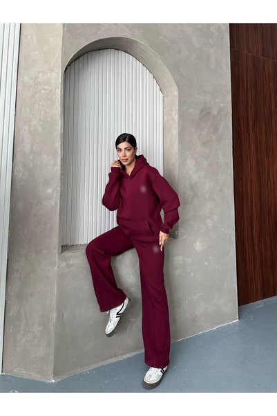 mylunessa Equivalent Hooded Kangaroo Pocket Embroidered Burgundy Oversize Tra...