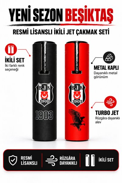 Beşiktaş Lisanslı 2'li Metal Kapaklı Jet Çakmak Seti Rüzgar Geçirmez Doldurul...