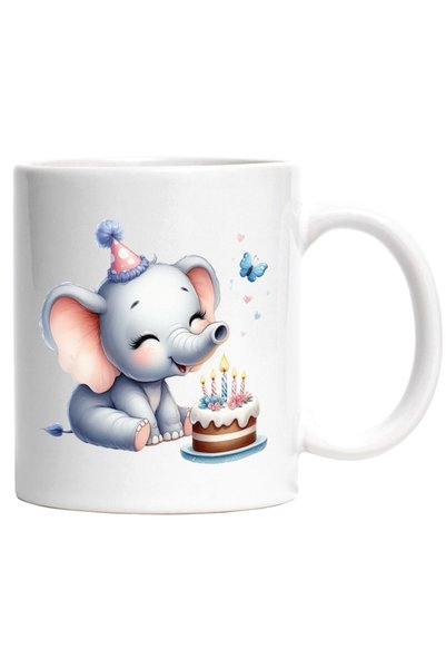 INOVATIX Personalized white mug, a female elephant, blowing out candles, cake...