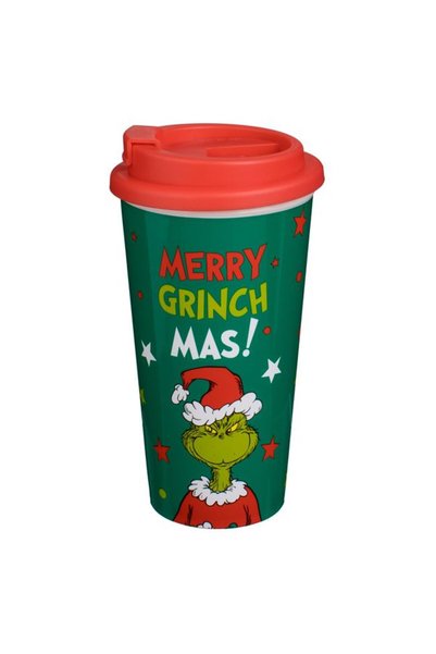 ANTBRO Pahar de Crăciun din Plastic Verde cu Model Grinch 450ml, Capac Roșu c...