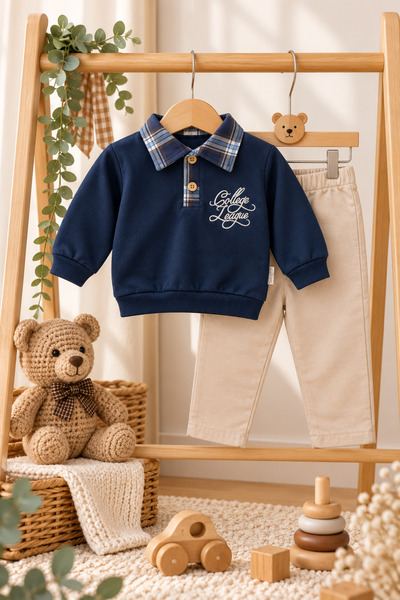 Minelia Kids Erkek Bebek Ekose Yakalı Örme Sweatshirt Dokuma Pantolon 2’li Şı...