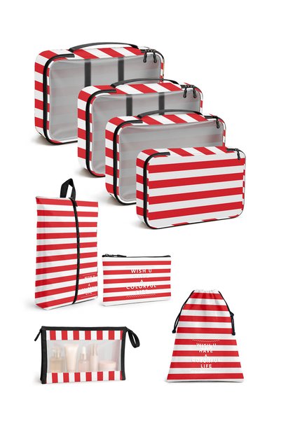 woys 🏅   Premium 8-Piece Red and White Straight Line Pattern Travel Luggage ...