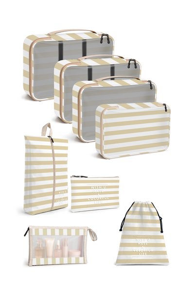 woys 🏅   Premium 8-Piece Cream White Plain Striped Pattern Travel Luggage Or...