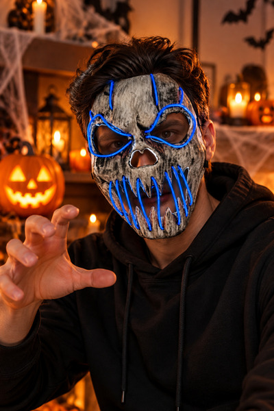 DODOMAR Halloween Cadılar Bayramı Işıklı Fosforlu Mavi Kuru Kafa İskelet Maske 23 CM