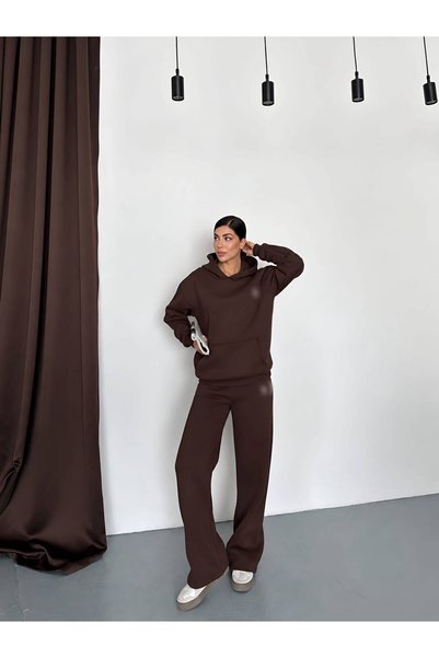 mylunessa Equivalent Hooded Kangaroo Pocket Embroidered Brown Oversize Tracks...