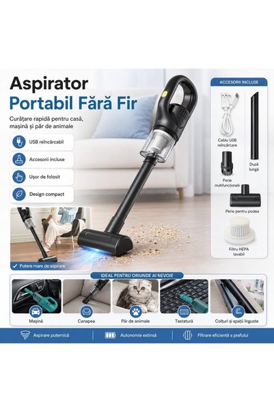 The Hub Aspirator Portabil fara Fir pentru Casa si Auto, Incarcare USB, Autonomie 45 min, Negru