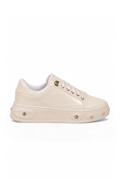 AYAKMOD Taş Detaylı Bağcıklı Sneaker Beyaz Cilt Kalın Rahat Tabanlı Şık Kadın Casual Yürüyüş Ayakkabı 431179