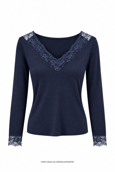 elifteke Likralı Dantelli Body Bluz Lacivert