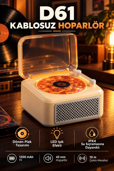 KALİTESENİNLE Bluetooth Kablosuz Hoparlör Nostaljik Pikap Tasarımlı Dönen Pla...