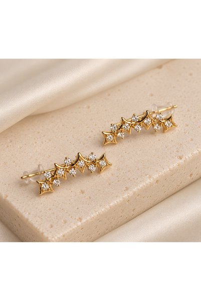 Yonida Jewelry Çelik Küpe 14K Altın Renginde Rodyum Kaplama Yıldız Figürlü Ta...