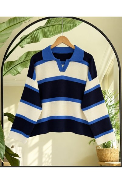MADAM LİONESS Pulover cu dungi groase cu guler polo