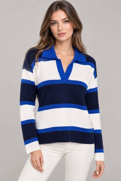 DAMGA Collection Women's Polo Collar Horizontal Striped Knit Sweater Long Sleeve Blouse