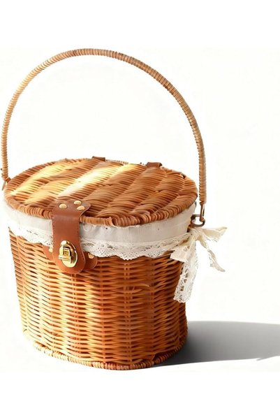EXCEFORE Small Picnic Basket with Lid, Vintage Foldable Handles & Secure Lock...