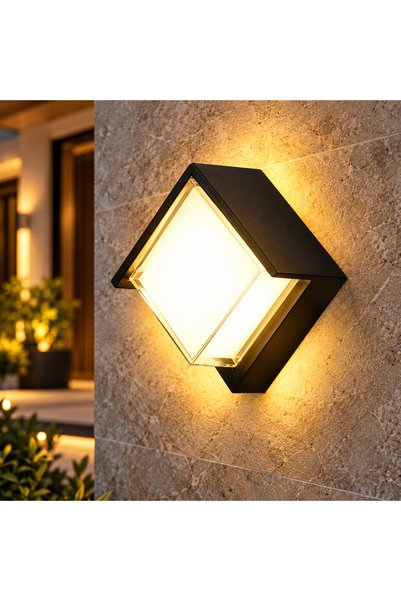 SANITEXPERT Aplică de perete LED tip diamant, 12W, Lumină caldă, Protecție IP65, 16 × 16 cm, Design geometric modern, Negru
