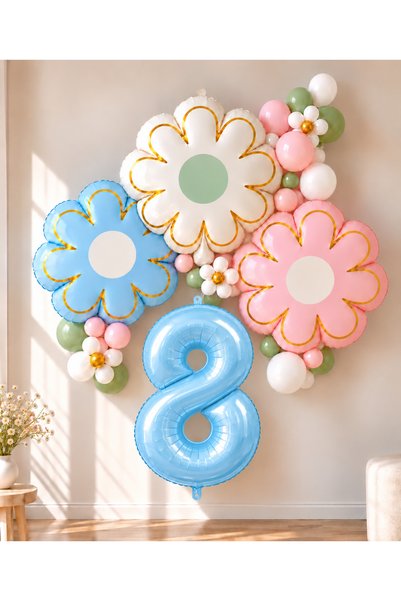 ALYA Party 8 Years Old Pastel Daisy Themed Birthday Balloon Set – Blue, Pink ...