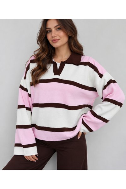 MADAM LİONESS Polo Collar Thick Striped Sweater