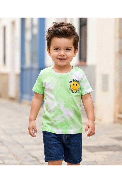 Baby Hug طقم تي شيرت وشورت من نسيج جيرسيه مفرد بأكمام نصفية مع طباعة وجه مبتس...