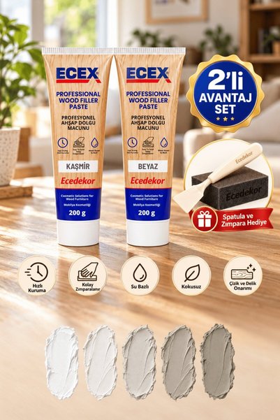 ecedekor Kaşmir - Beyaz Ahşap Tamir Macunu (200gr) – Çatlak ve Yüzey Dolgu Ma...